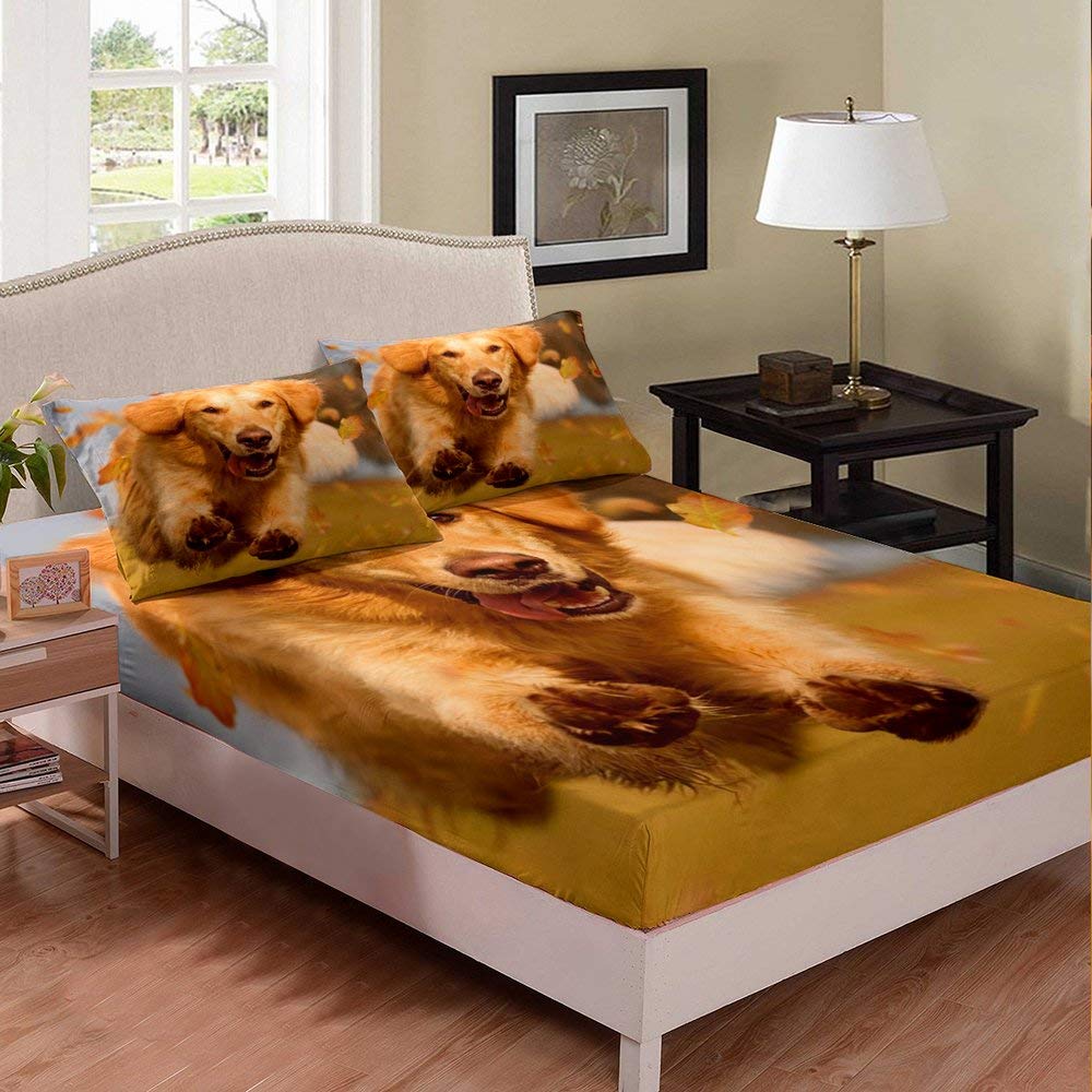 Stylish Brown Dog Print Queen Size 3-Piece Bedding Set with Deep Pockets - Soft Puppy Animal Pattern Bed Sheets for Girls' Room Decor, Durable Bed Cover for Dogs Lovers