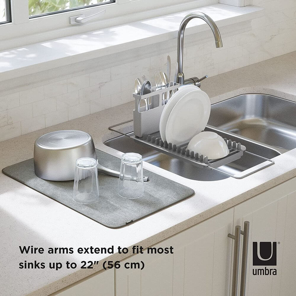 Umbra Udry Over Sink Dish Rack with Microfiber Drying Mat - Space Saving Kitchen Organizer for Small Spaces, Dish Drainer & Drying Rack for Countertop - Perfect for Apartments, RVs & Compact Kitchens (Grey)