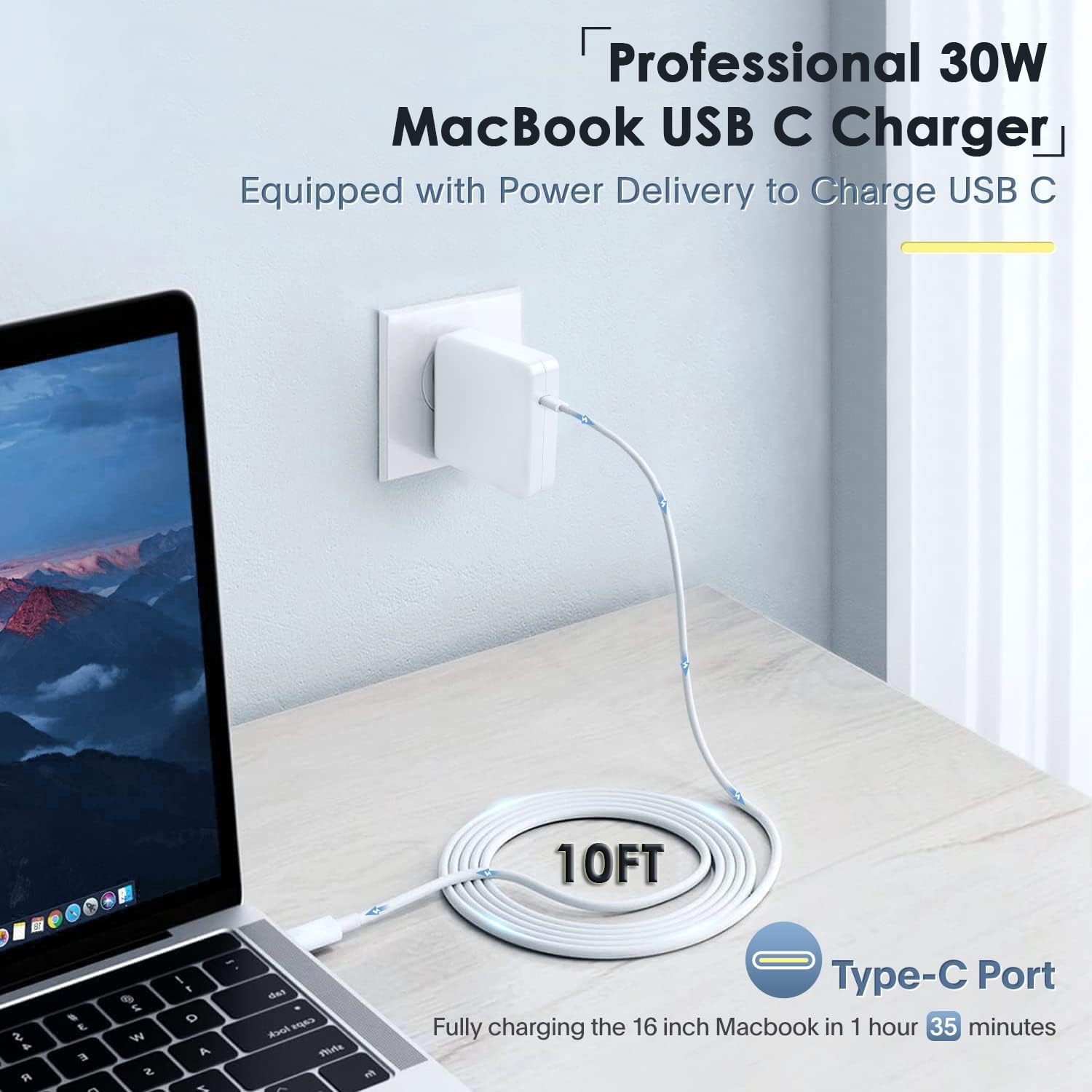 Original Title: Mac Book Pro Charger - USB C Charger Fast Charger Power Adapter for USB C Port MacBook Pro/MacBook Air 16 15 14 13 inch, New iPad Pro and All USB C Device, Included 10FT Long USB C to C Charger Cable  Optimized Title:   **USB C Fast Charger for MacBook Pro/Air 16/15/14/13 Inch & iPad Pro - 96W Power Adapter with 10FT USB C to C Cable - Compatible with All USB C Devices - Perfect for Home, Office & Travel**
