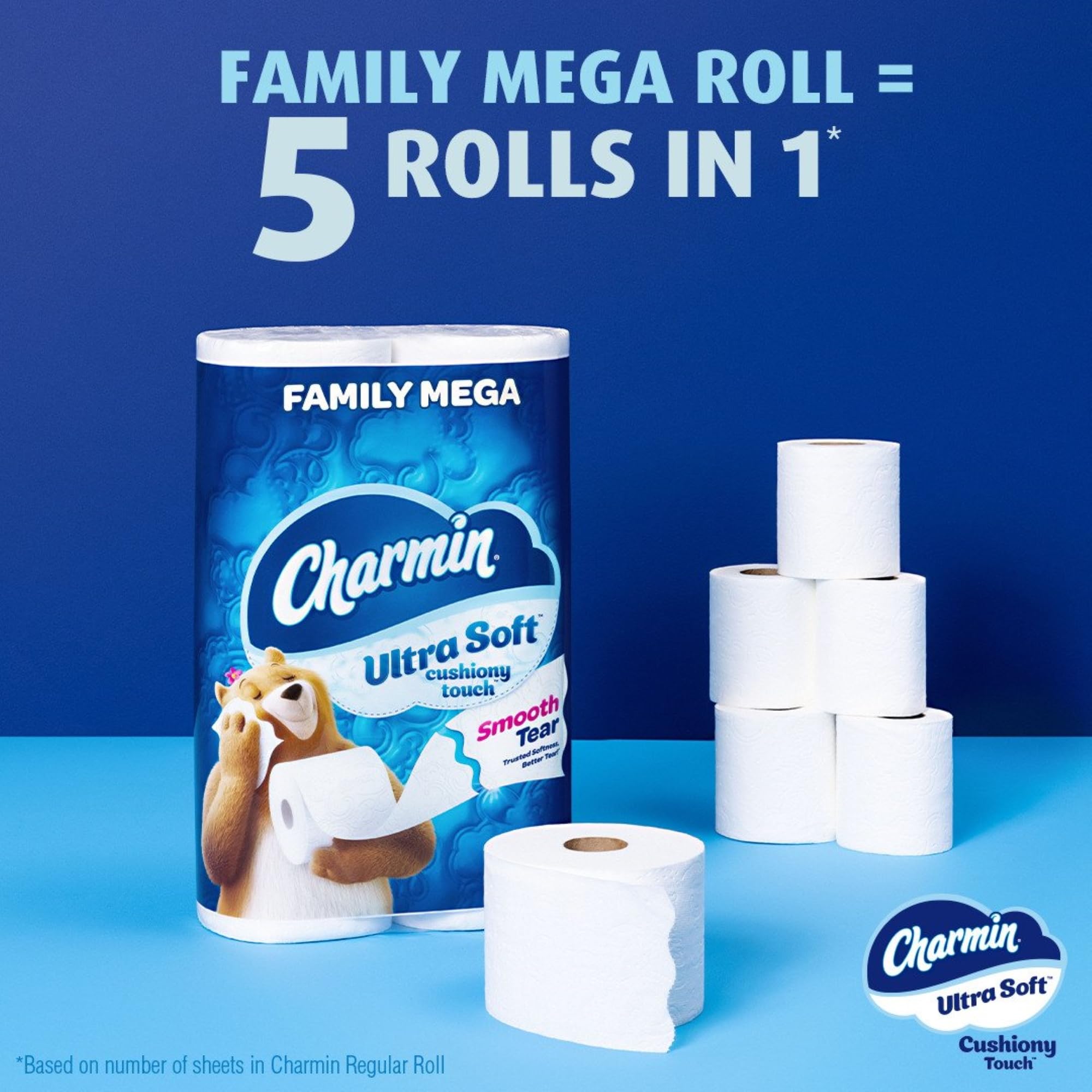 Charmin Ultra Soft Cushiony Touch Toilet Paper - 18 Family Mega Rolls (90 Regular Rolls) | Gentle Bathroom Tissue for Sensitive Skin | Perfect for Home, Office & RV Use