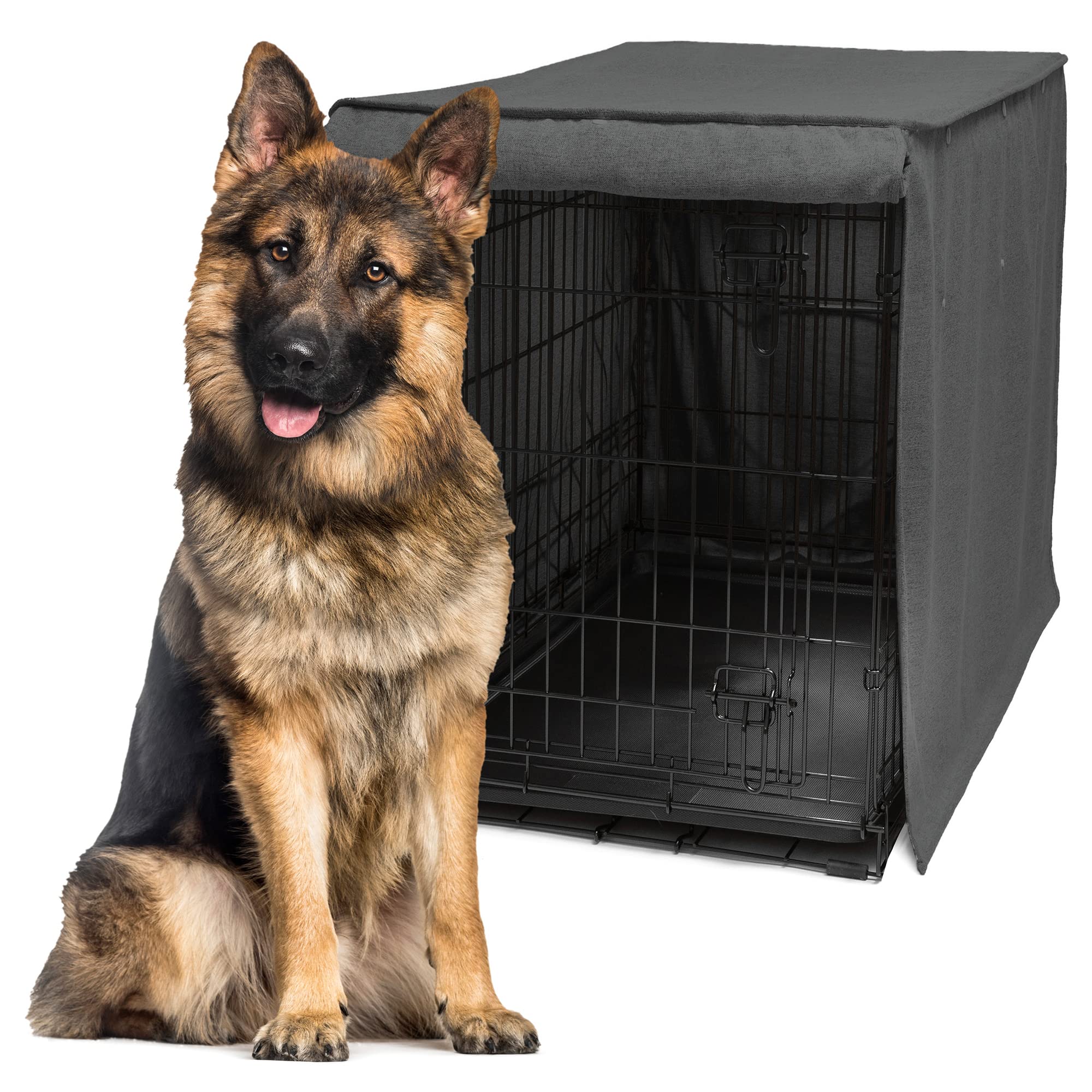 Friends Forever 48 Inch Metal Dog Crate Cover - Light Blocking Wire Kennel Cover with Protective Curtain & Roller Shades | Machine Washable Trucker Black | Ideal for Home, Travel & Outdoor Use