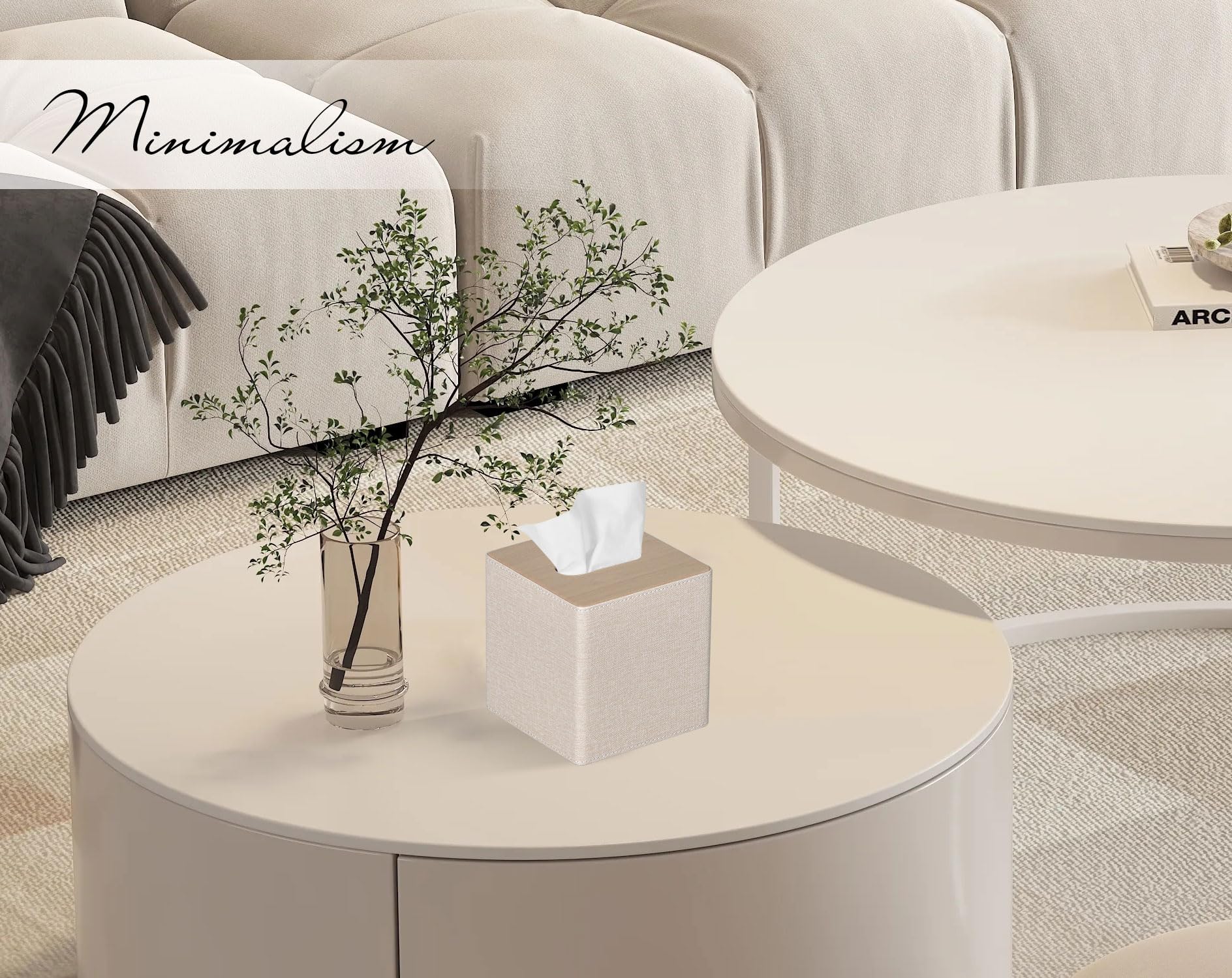 PU Leather Square Tissue Box Cover - Beige Facial Tissue Holder for Dresser, Bathroom & Home Decor | Perfect for Living Room, Bedroom and Office Organization