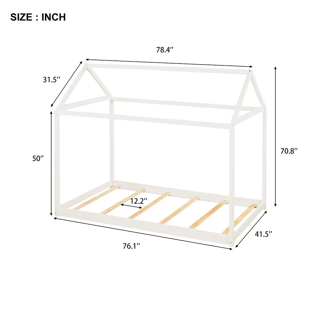 Wooden House Bed with Roof - Twin Size Kids Bed Frame, Platform Bed with Tent, Floor Sofa Bed & Mattress Foundation for Bedroom & Living Room - Perfect for Playrooms, Sleepovers & Cozy Reading Nooks (White)