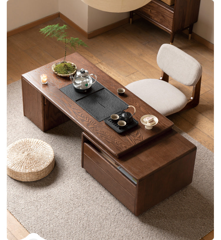 Solid Oak & Black Walnut Retractable Modern Coffee Table - Expandable Dining Table for Small Spaces, Perfect for Living Room, Studio Apartments & Office Use