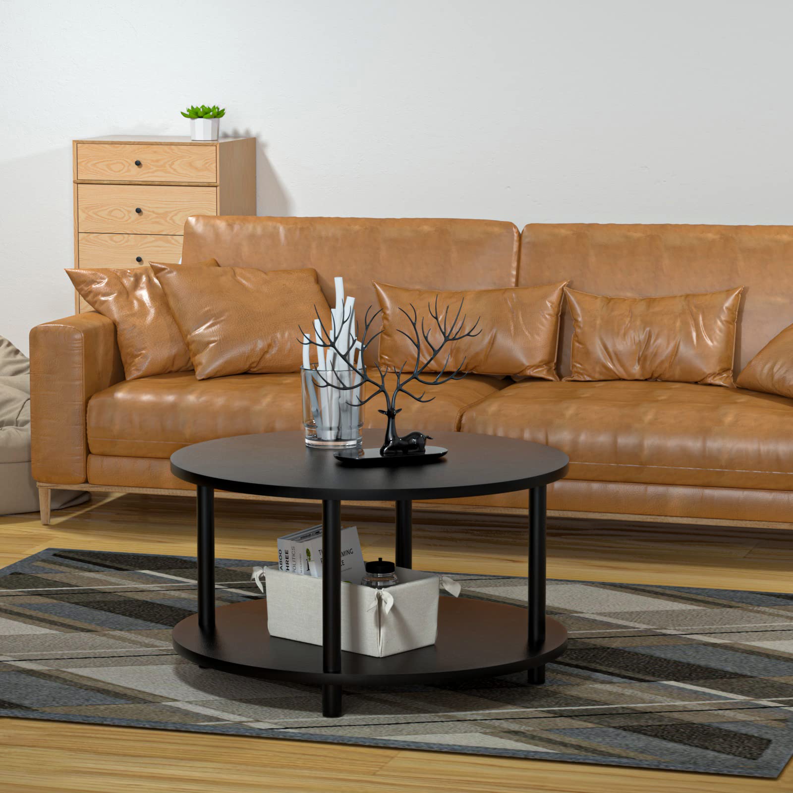Round Coffee Table for Living Room - 31.5 Inch 2-Tier Black Wooden Coffee Table with Open Storage Shelf, Sturdy Metal Legs, Easy Assembly - Perfect for Office, Reception Room, and Small Space Decor