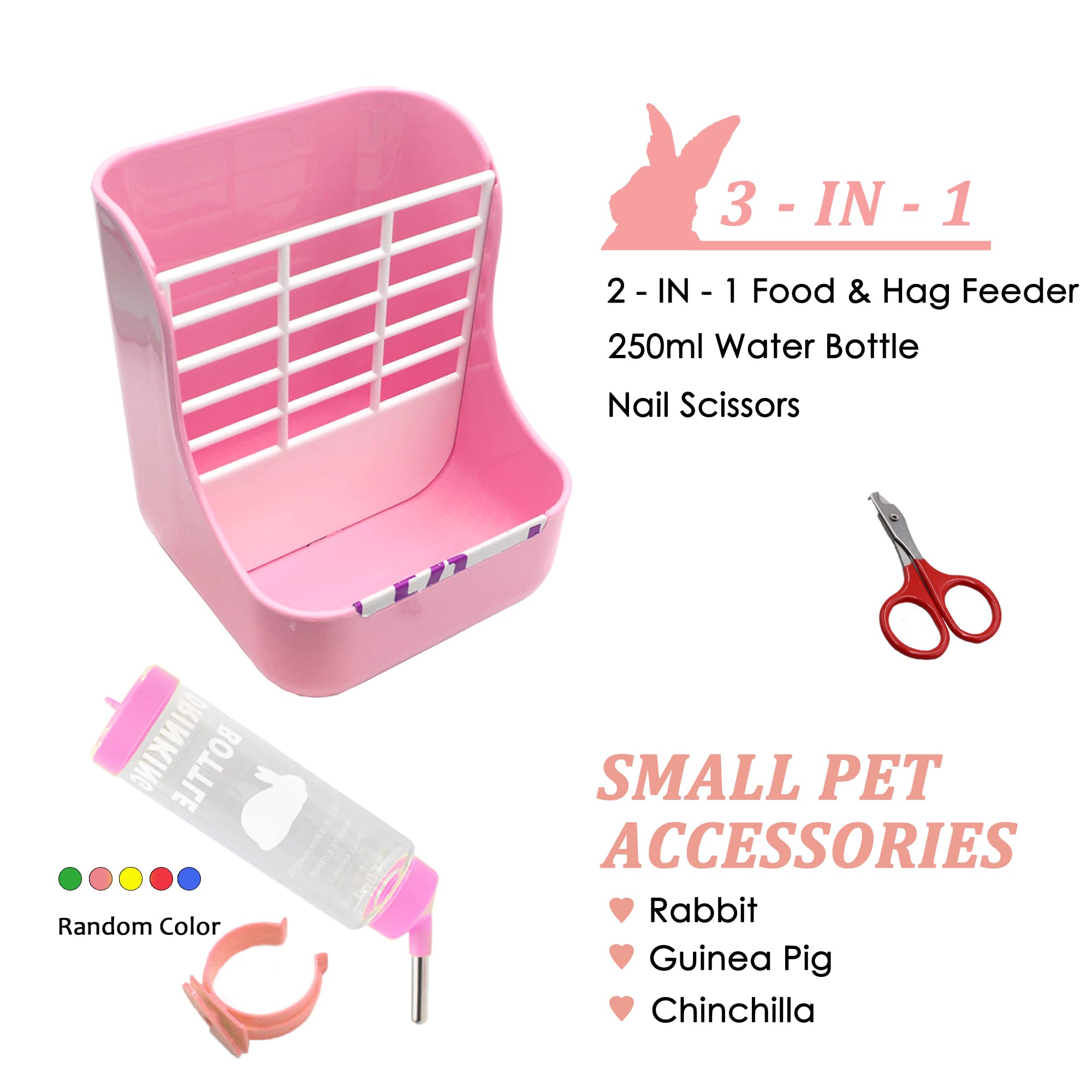 3-in-1 Guinea Pig Hay Feeder, Water Bottle & Nail Scissors Set - 250ml No Drip Small Animal Feeding Kit for Rabbits, Bunnies, Chinchillas & Guinea Pigs - Perfect for Cage Accessories & Pet Grooming (Pink)