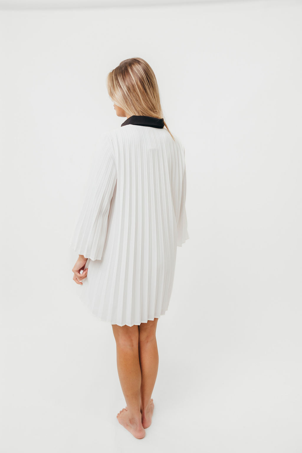 Monique Pleated Shirt Dress for Women - Ivory & Black Flowy Midi Dress with Belt | Office Wear, Spring Outfits, Casual Chic Style