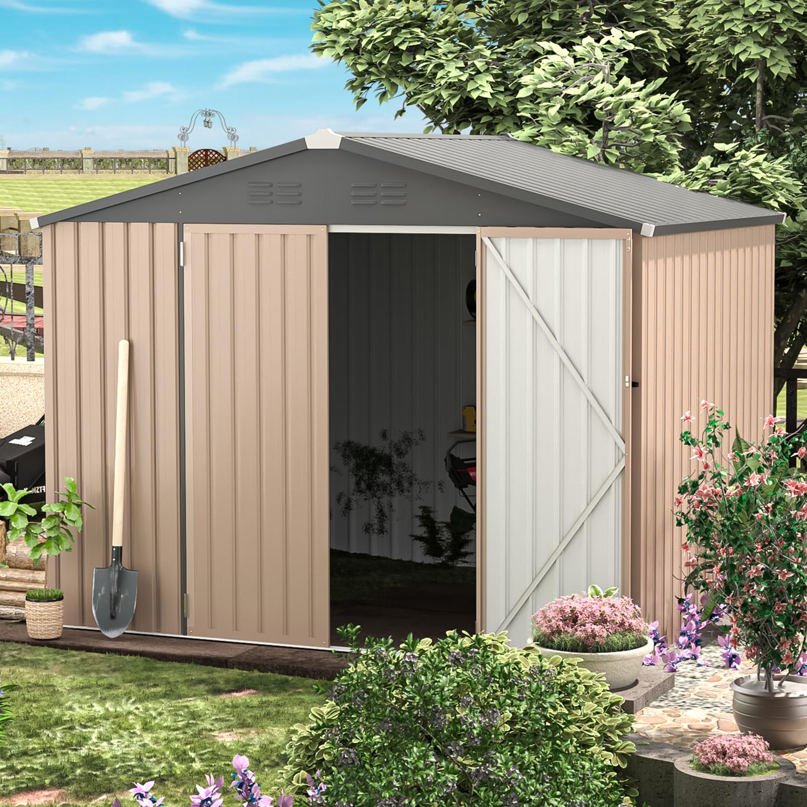 AECOJOY 8' x 6' Outdoor Metal Storage Shed - 53 Sq.Ft Steel Garden Shed with Lockable Doors | Weather-Resistant Utility & Tool Storage for Backyard, Patio, Garage Organization | Perfect for Lawn Equipment, Gardening Tools & Seasonal Items