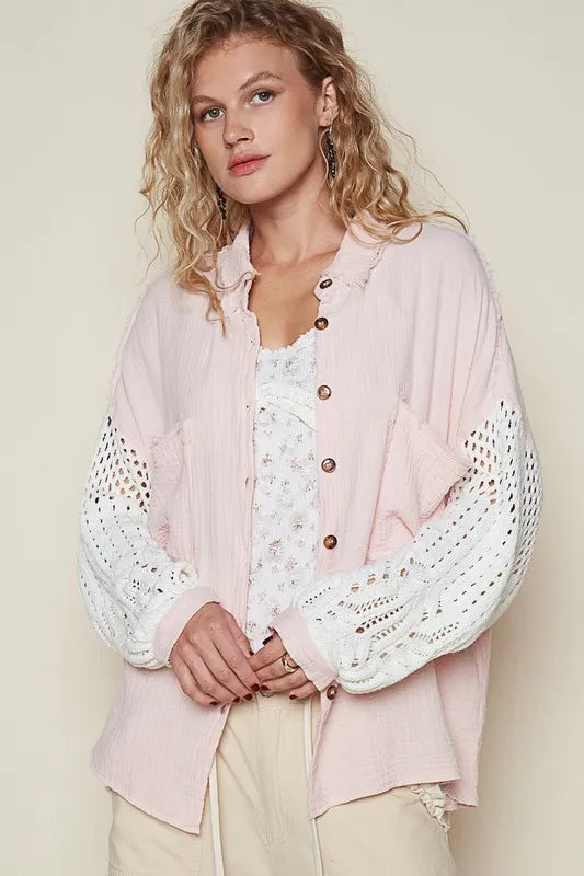 Women's Pink Lantern Sleeve Button Down Gauze Shirt - Breathable Summer Blouse for Casual Outings & Beach Cover-Up
