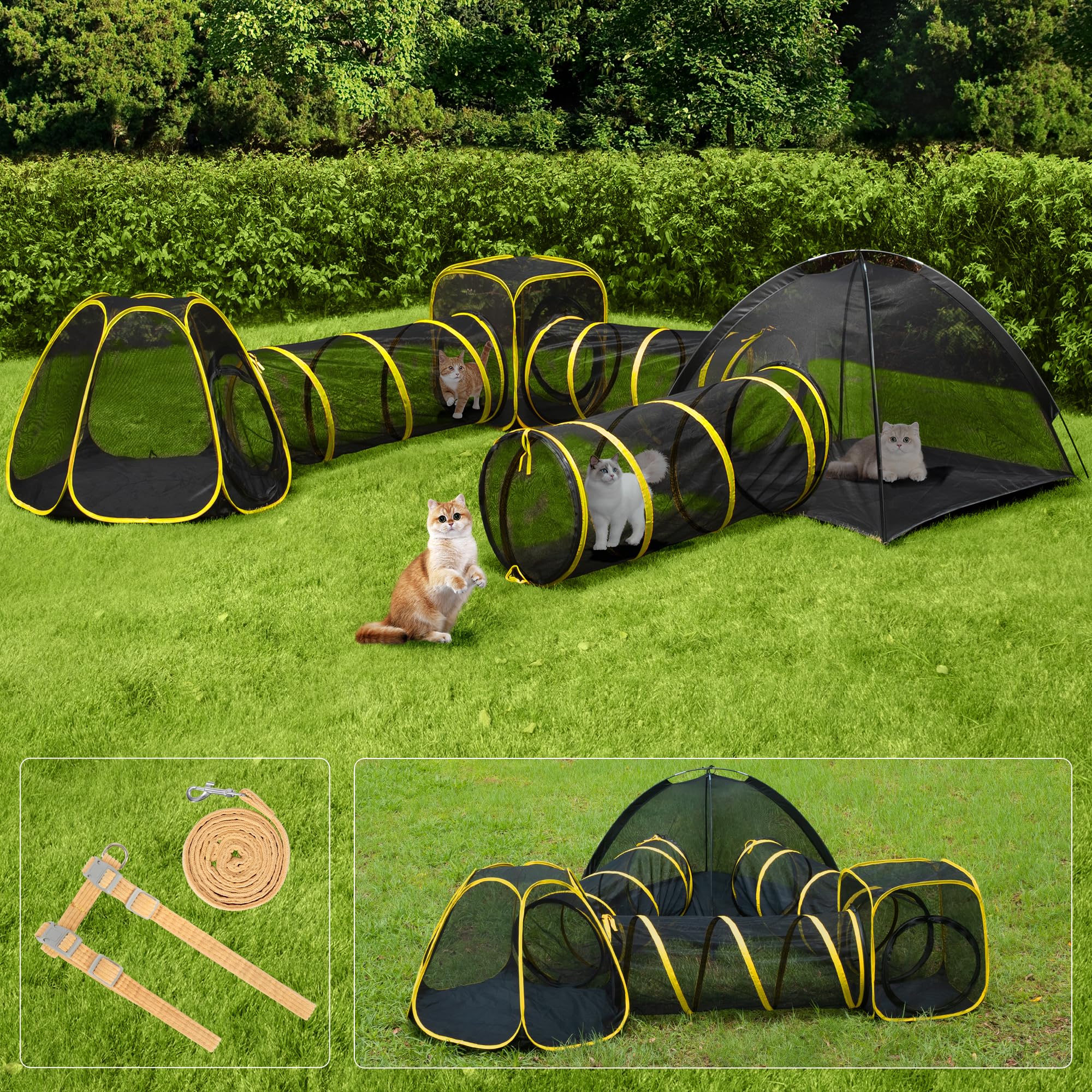 VIVOHOME 6-in-1 Outdoor Cat Enclosure with Playhouse, 2 Tents & 3 Tunnels - Portable Cat Playground with Leash & Mint Ball for Indoor/Outdoor Use - Perfect for Yard, Balcony, Camping & Pet Safety (Ideal for Kittens & Adult Cats)