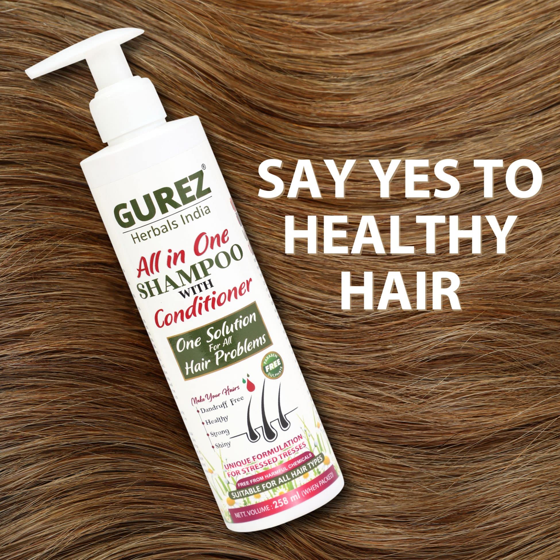 Gurez All-in-One Shampoo & Conditioner 258ml - Anti-Dandruff Treatment for Healthy, Strong & Shiny Hair - Hair Repair Solution for Men & Women - Pack of 1 | Perfect for Daily Use, Travel & Damaged Hair Care