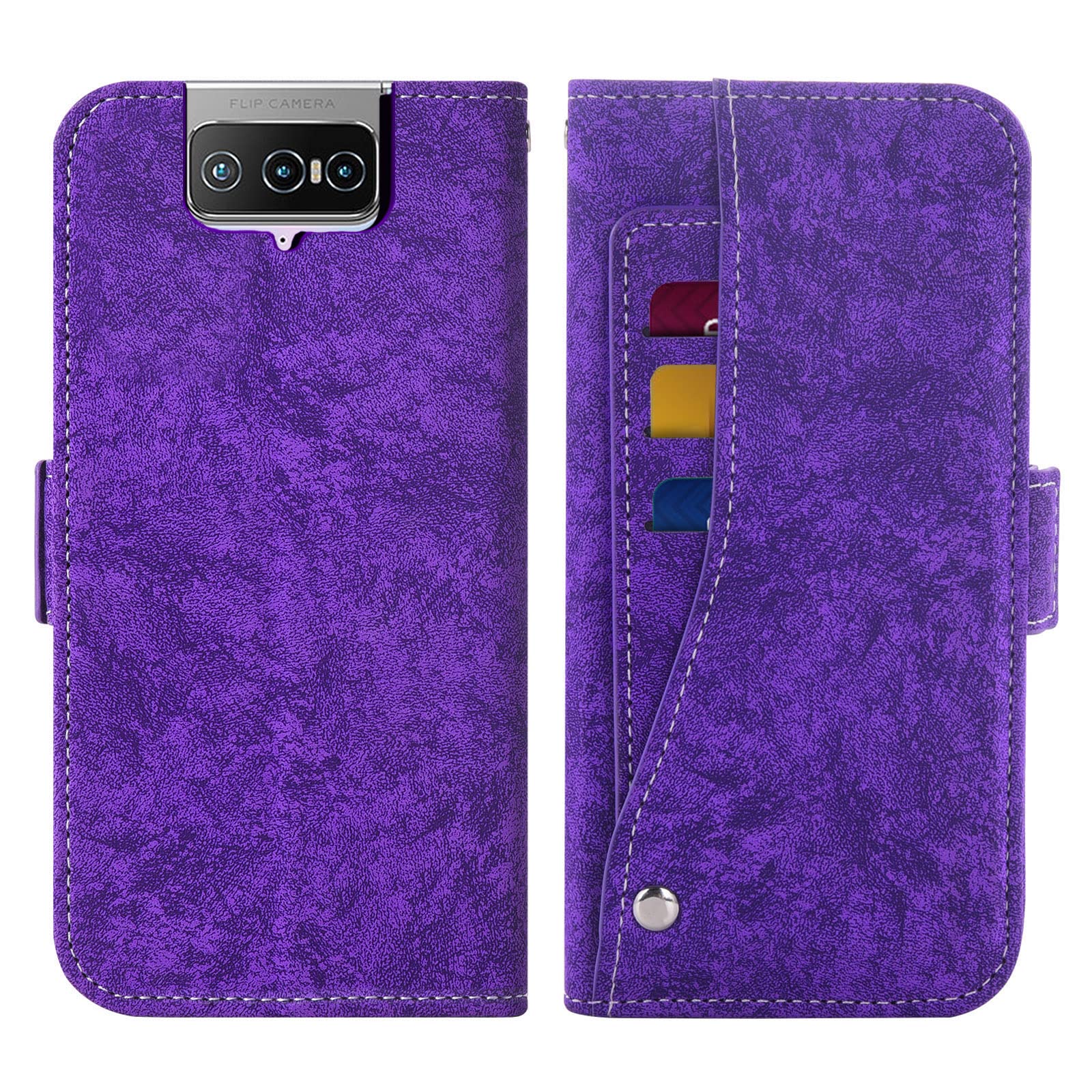 Asuwish Wallet Case for Asus ZenFone 7/7 Pro/8 Flip 5G (ZS670KS/ZS671KS/ZS672KS) with Tempered Glass Screen Protector, Card Holder & Kickstand - Purple Phone Cover for Men & Women | Perfect for Daily Use, Travel, and Hands-Free Viewing