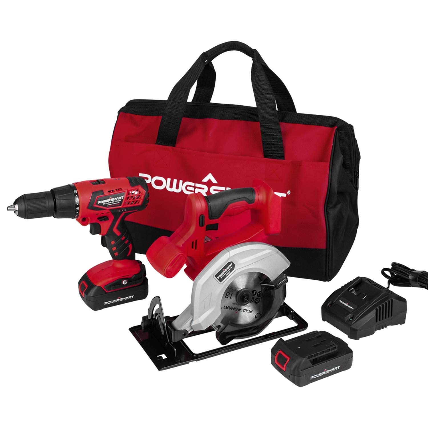 20V MAX Cordless Circular Saw and Drill Combo Kit - PowerSmart Adjustable Speed & Depth Power Tools with 2 Lithium-Ion Batteries, Charger & Storage Bag - Perfect for Woodworking, DIY Projects & Home Renovations