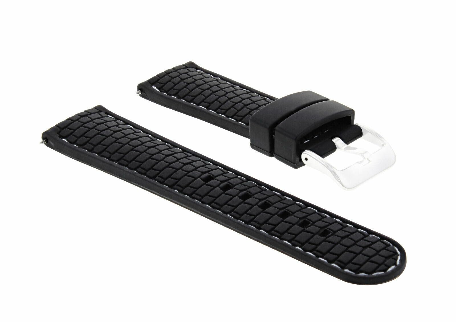 24mm Black Rubber Strap for Fossil Watch - White Stitching | Durable Replacement Band for Casual & Sports Wear