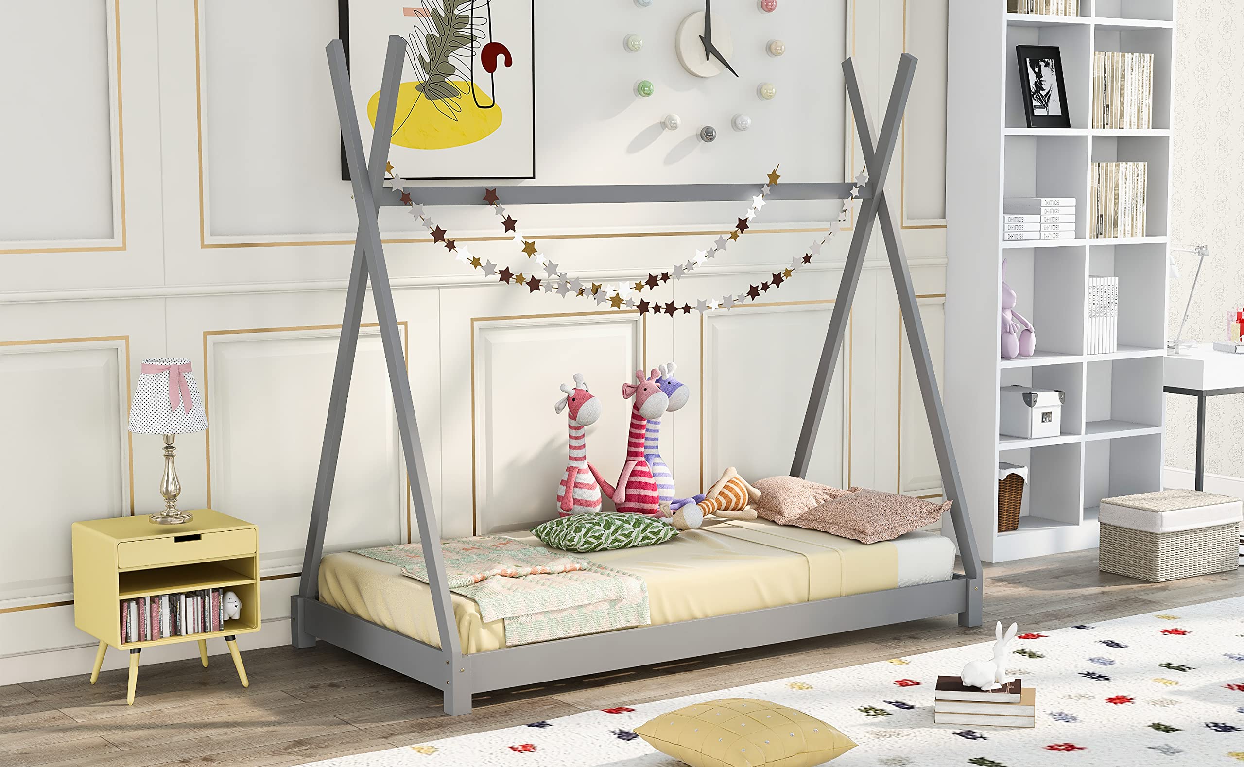 Harper & Bright Designs Solid Wood Twin Size Platform Bed Frame for Kids with Triangle Structure & Slat Support - No Box Spring Needed, Gray - Perfect for Boys & Girls Bedroom, Dorm Room or Guest Room