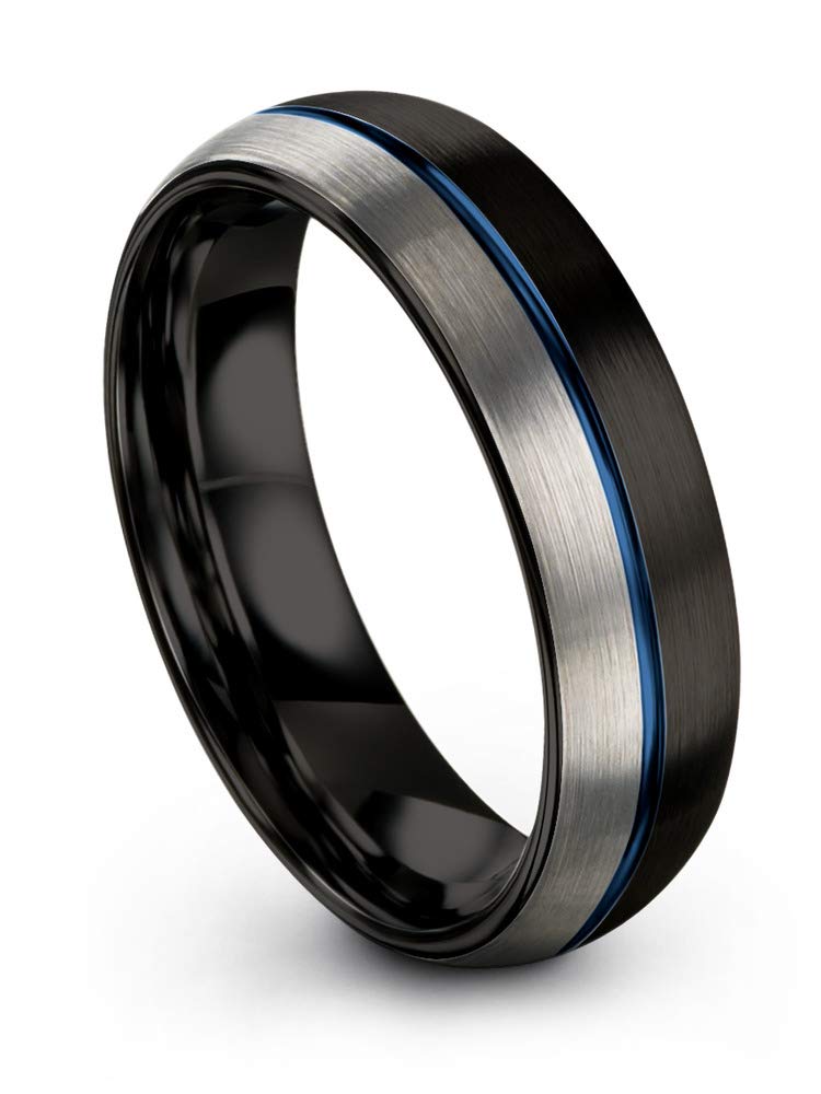 Tungsten Carbide Wedding Band Ring for Men & Women - 6mm Blue Black Center Line, Dome Grey Exterior, Half Brushed Polished - Custom Engraved Anniversary & Engagement Ring - Perfect for Weddings, Proposals & Special Occasions