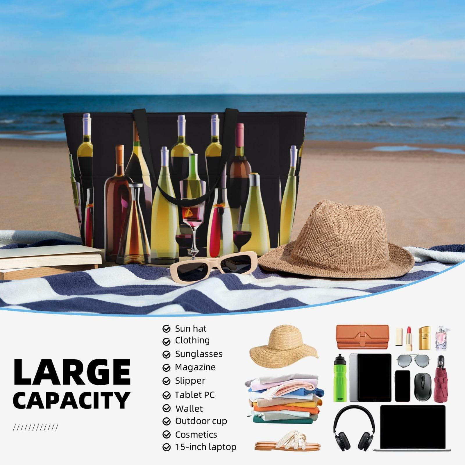 **Waterproof Gym Shoulder Bag with Cocktail & Wine Print - Large Fashion Beach Tote for Women, Summer Travel, Work & Shopping (Black, One Size)**    *Perfect for gym, beach trips, travel, work, shopping & casual outings!*
