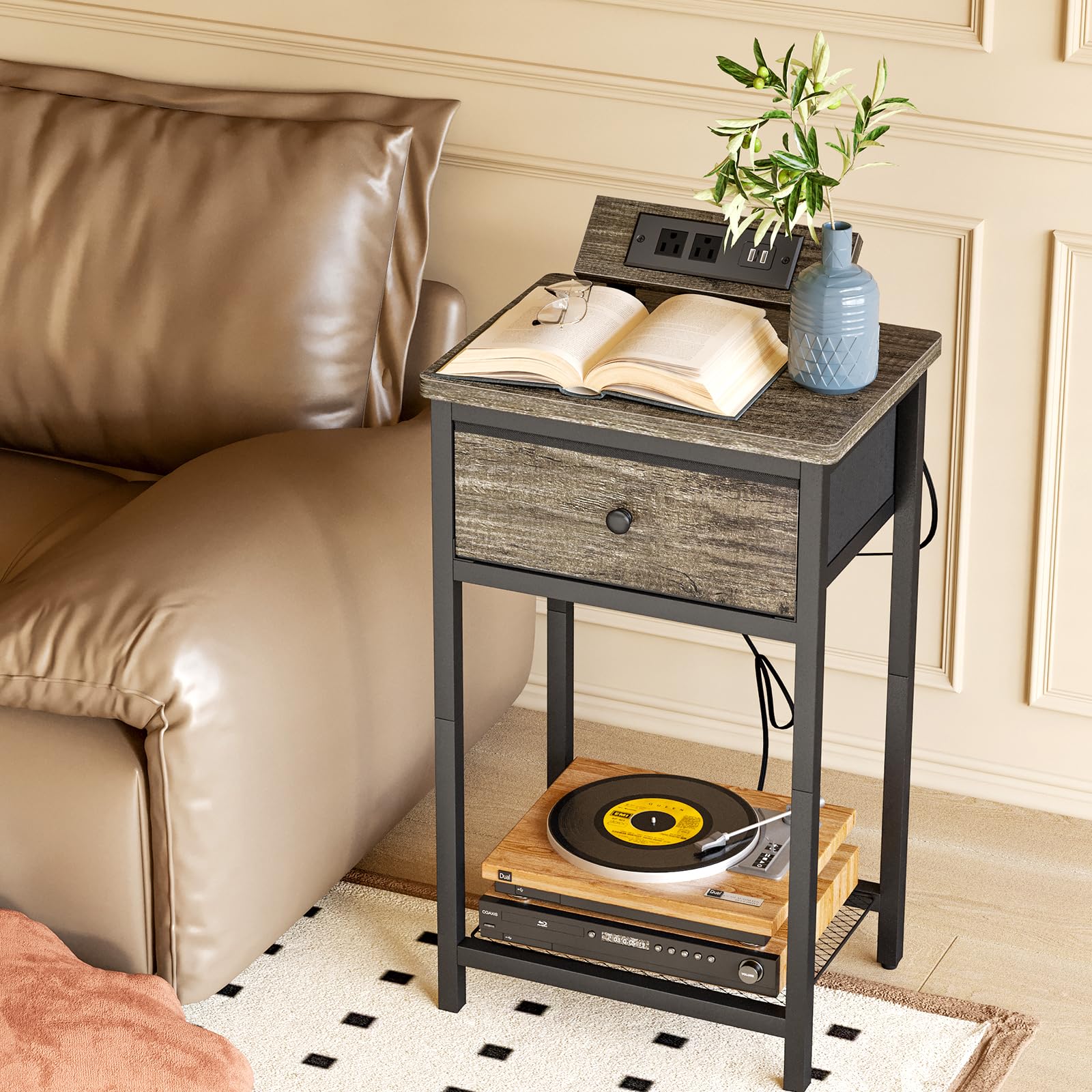 Fixwal Nightstands Set of 2 with Charging Station - USB Ports & Outlets, Bedside End Tables with Fabric Drawer for Bedroom, Living Room - Perfect for Charging Devices & Organizing Essentials (Greige)