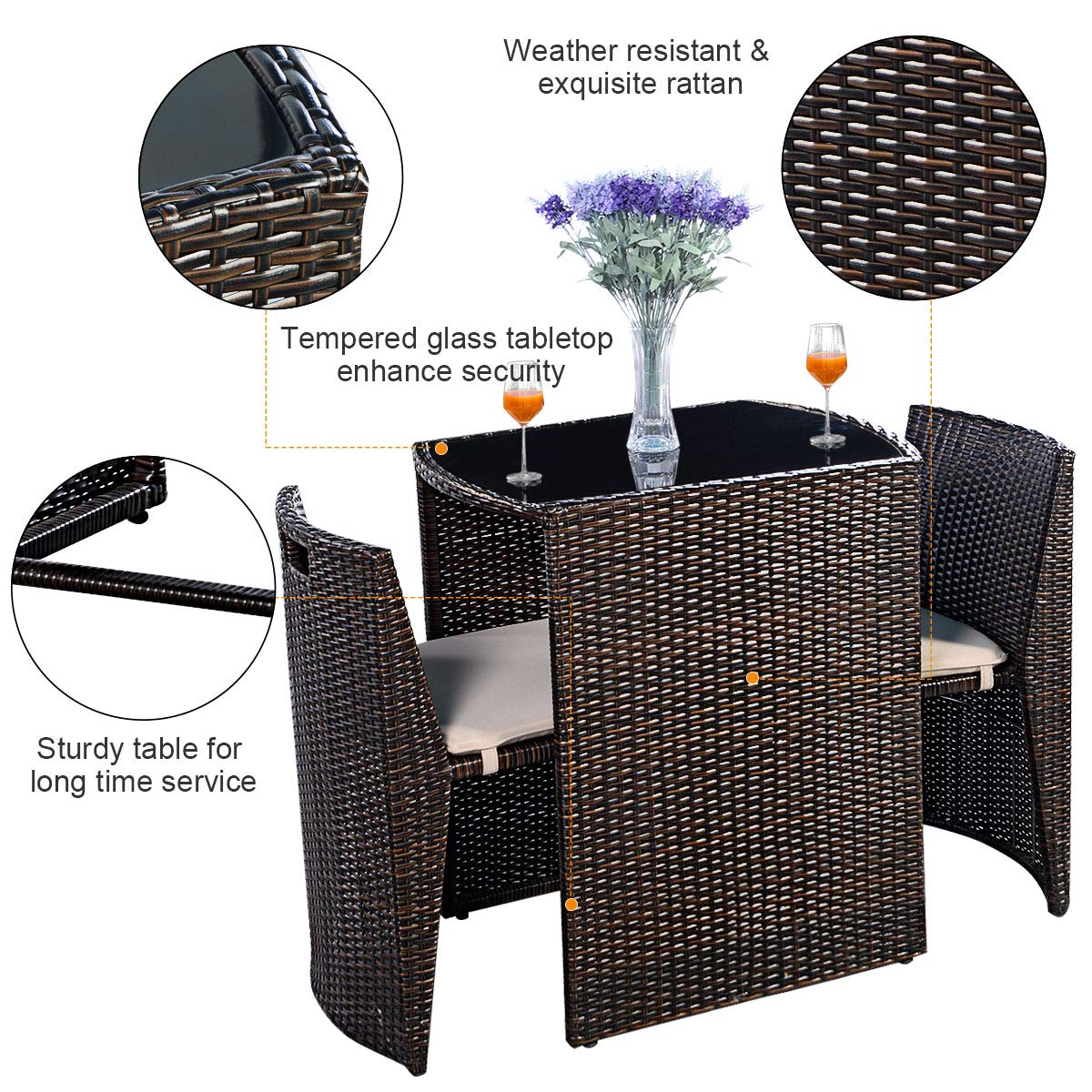 Giantex 3-Piece Outdoor Patio Furniture Set - Cushioned Wicker Bistro Sofa for Garden, Lawn, Balcony - Space-Saving Conversation Set, No Assembly Required (Brown) - Perfect for Relaxing, Entertaining, and Outdoor Dining