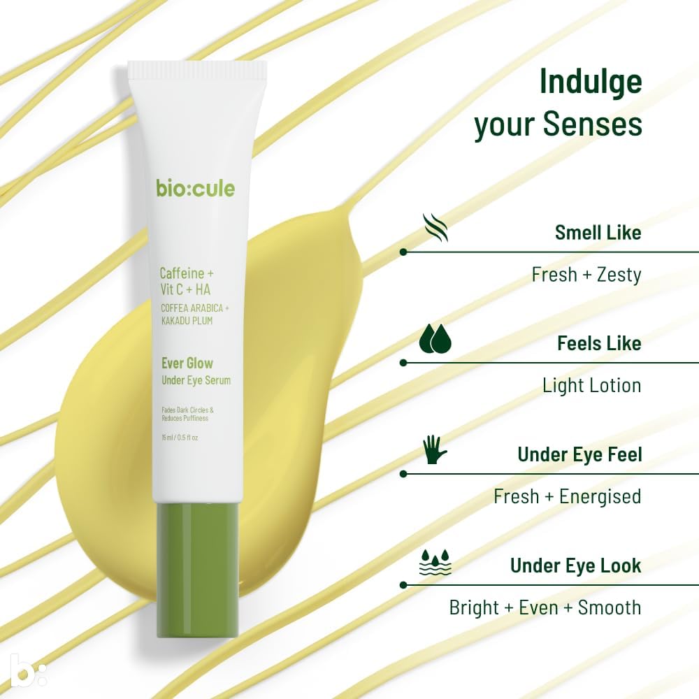 Biocule Ever Glow Under Eye Serum for Dark Circles & Puffiness - Caffeine, Vitamin C & Hyaluronic Acid Formula (15ml) | Brightening Eye Treatment for Dark Circles, Bags & Wrinkles | Perfect for Morning & Night Skincare Routine