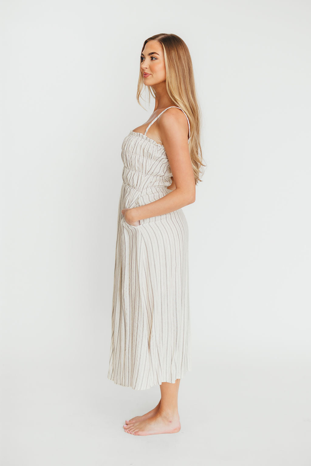 Riley Striped Linen Midi Dress in Ivory - Women's Summer Casual Dress for Beach, Vacation & Everyday Wear