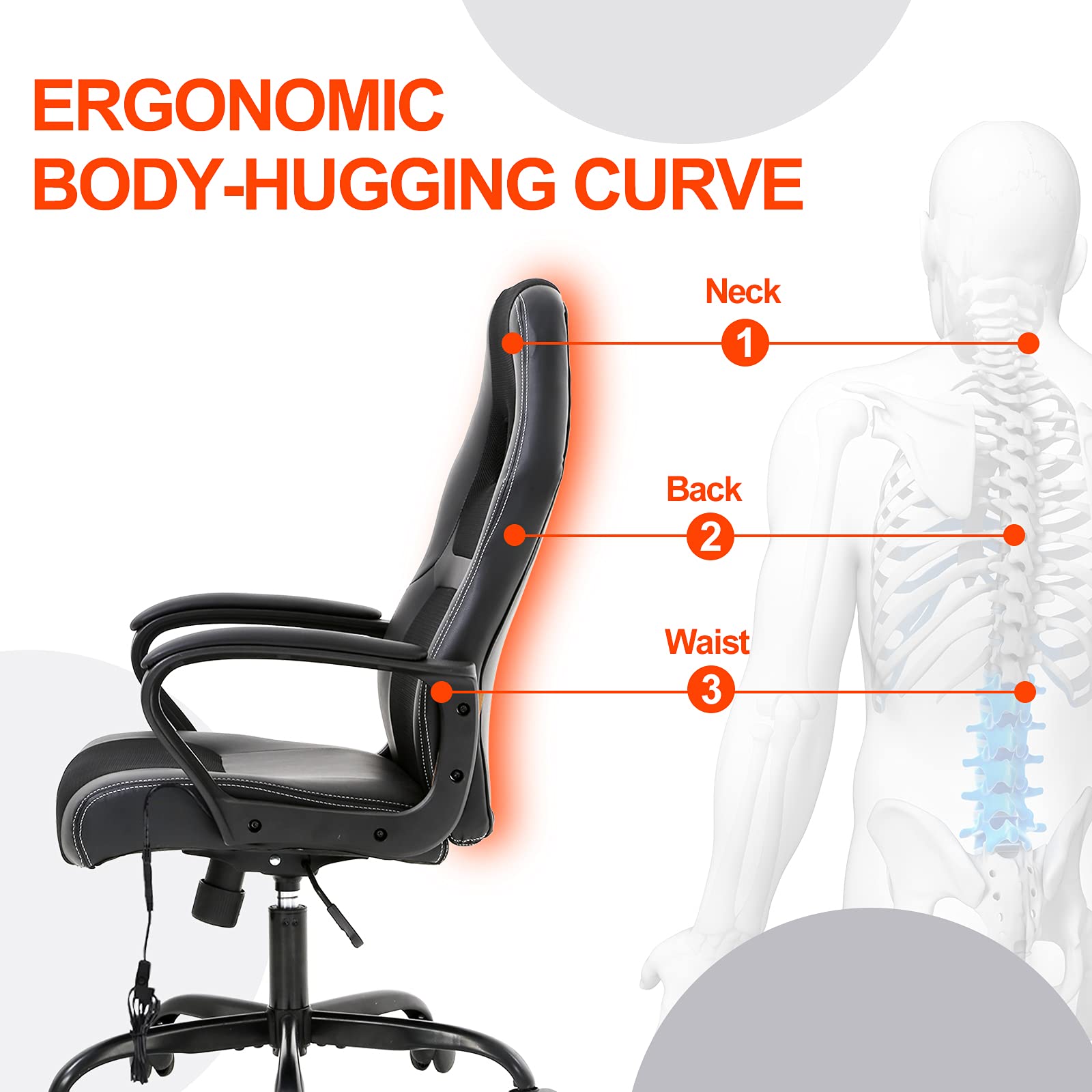 Ergonomic Gaming Chair with Lumbar Support & Headrest - PU Leather High Back PC Office Chair with Wheels for Adults - Perfect for Long Gaming Sessions & Home Office Work - Black
