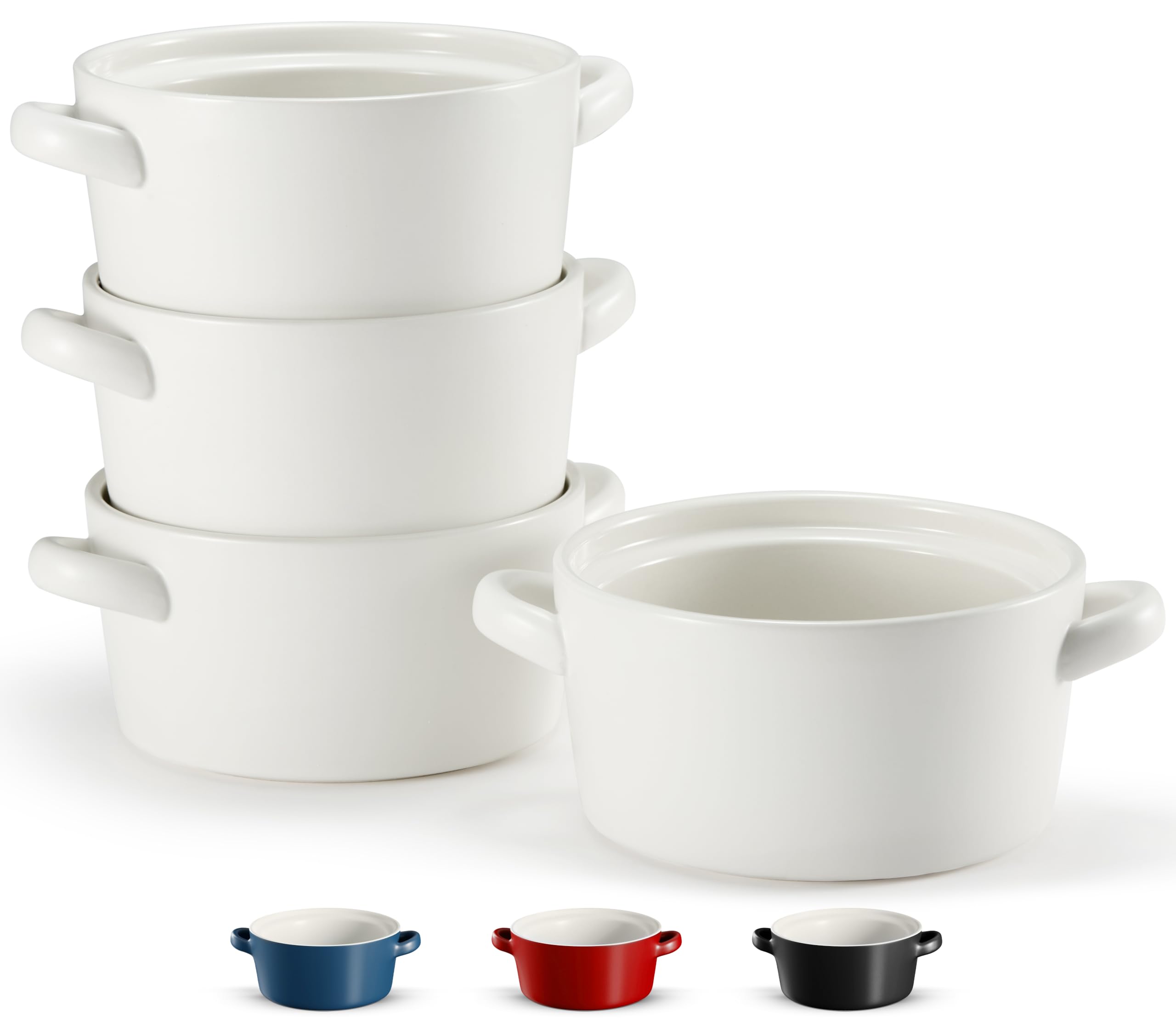 Kook Soup Crocks - Set of 4 Stackable Ceramic Bowls (23.6 oz Each) | Oven, Broiler, Microwave & Dishwasher Safe | Matte White with Handles | Perfect for Casseroles, Pasta, Cereal & Soup | Ideal for Family Dinners, Meal Prep & Entertaining