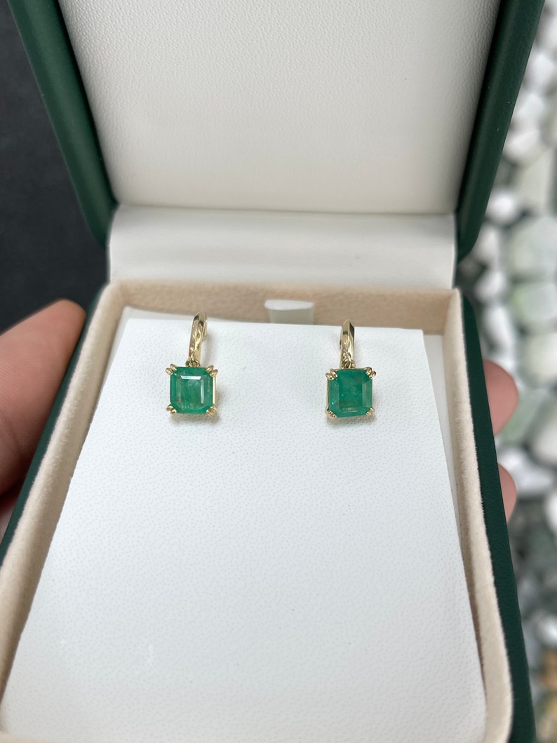 2.80tcw Natural Emerald Asscher Cut Knife Edge Huggie Dangle Earrings in 14K Gold - Perfect for Weddings, Parties & Special Occasions