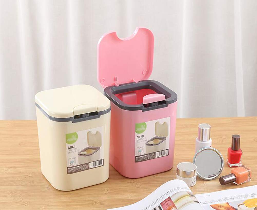 Hflove Mini Plastic Table Top Trash Can - Small Countertop Press Bin for Kitchen, Bathroom, Office (Pink) | Compact Waste Basket for Desks, Vanities & Small Spaces