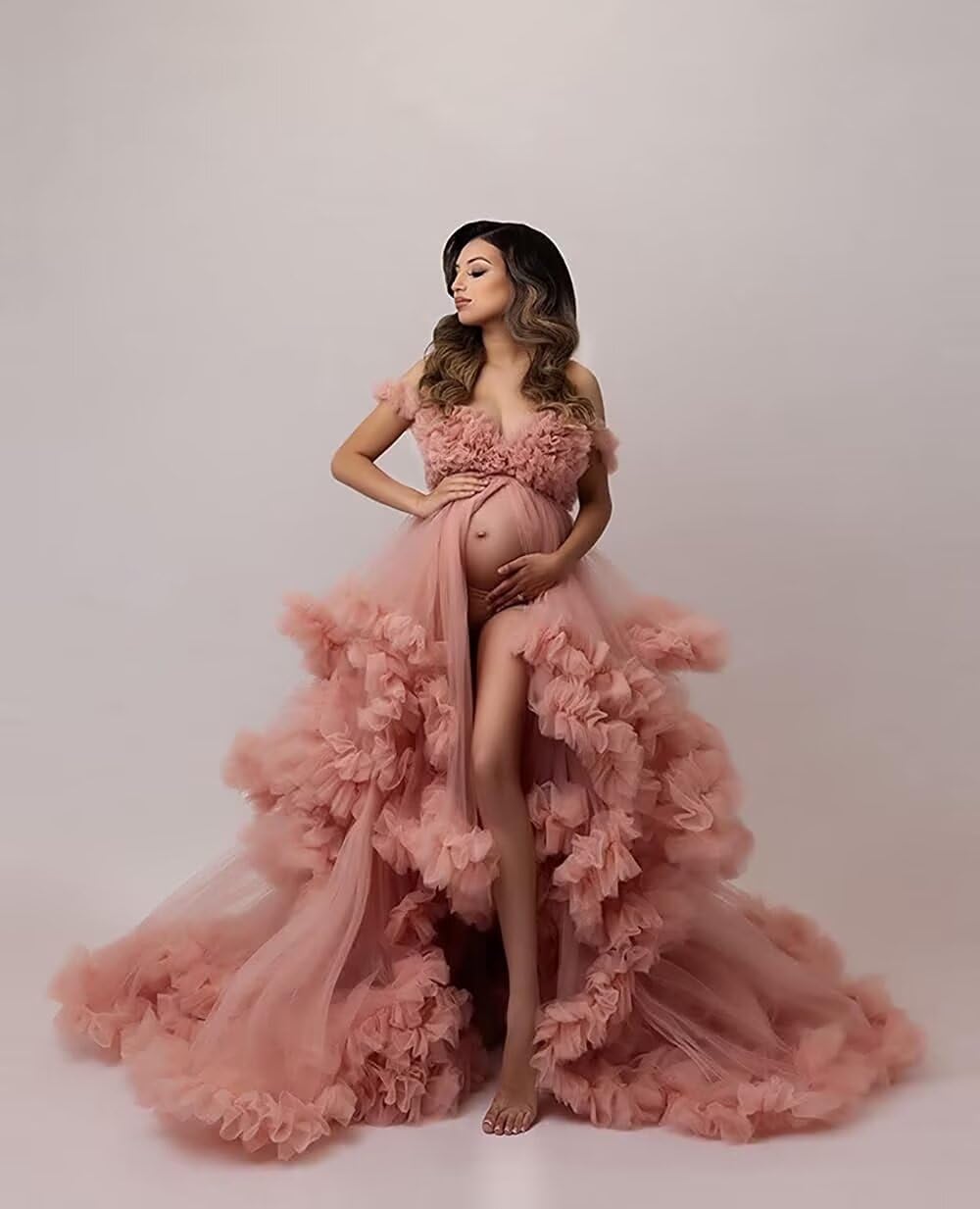 Wchecalino Elegant Tulle Maternity Dress - Long Puffy Bridal Robe for Photoshoots, Baby Showers & Wedding Lingerie | Perfect for Maternity Photos, Bridal Dressing Gowns & Special Occasions