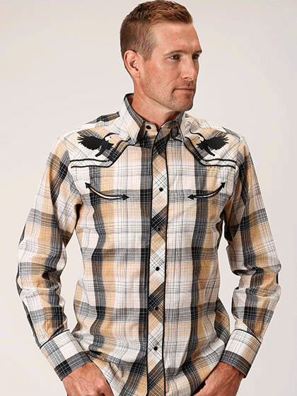 Roper Men's Long Sleeve Plaid Western Shirt - Khaki Checkered Cowboy Shirt for Casual Wear, Rodeo & Country Style Outfits