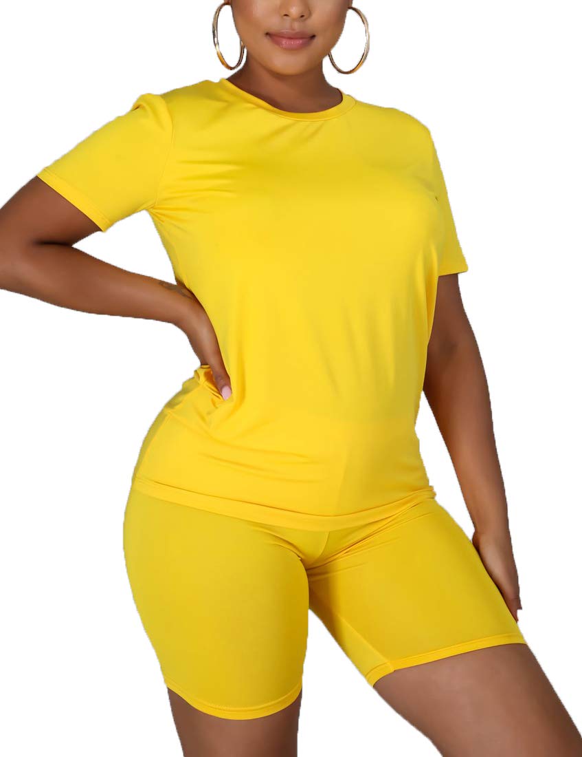 Kaximil Women's 2 Piece Outfit - Casual Short Sleeve T-Shirt & High Waisted Biker Shorts Set | Yoga, Gym, Running & Lounge Wear