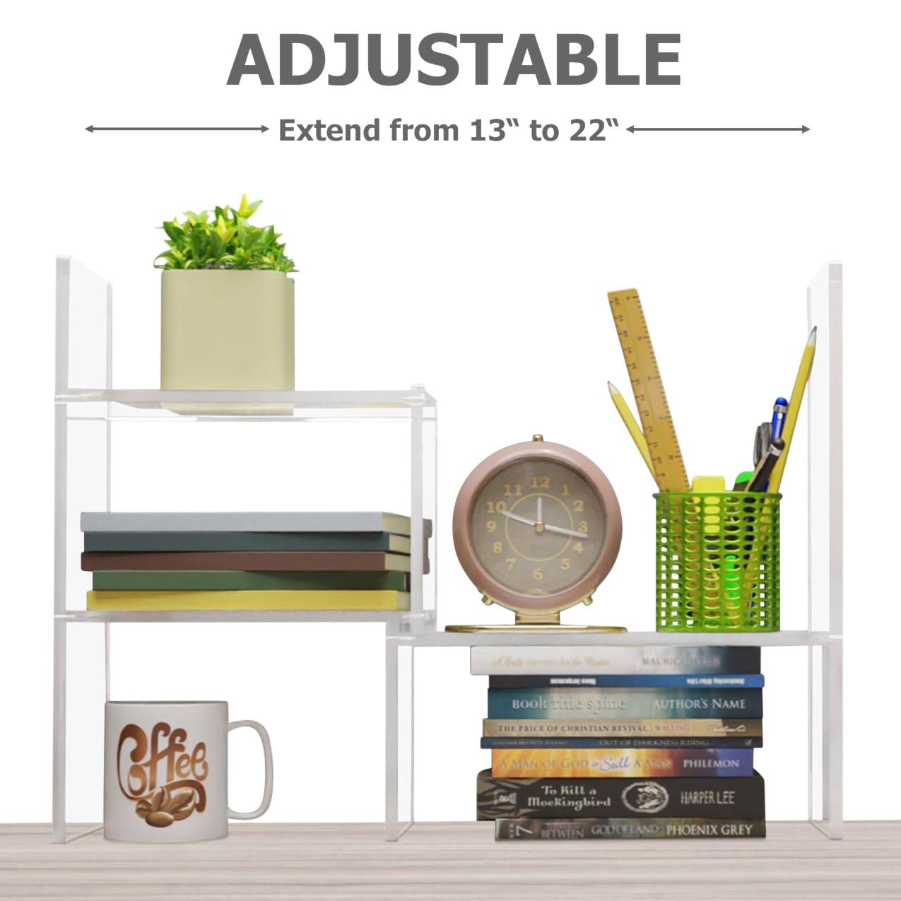 Adjustable Acrylic Desk Shelf Organizer - Clear Desktop Bookshelf for Office, Study & Home - Premium Tabletop Storage Solution for Books, Supplies & Decor