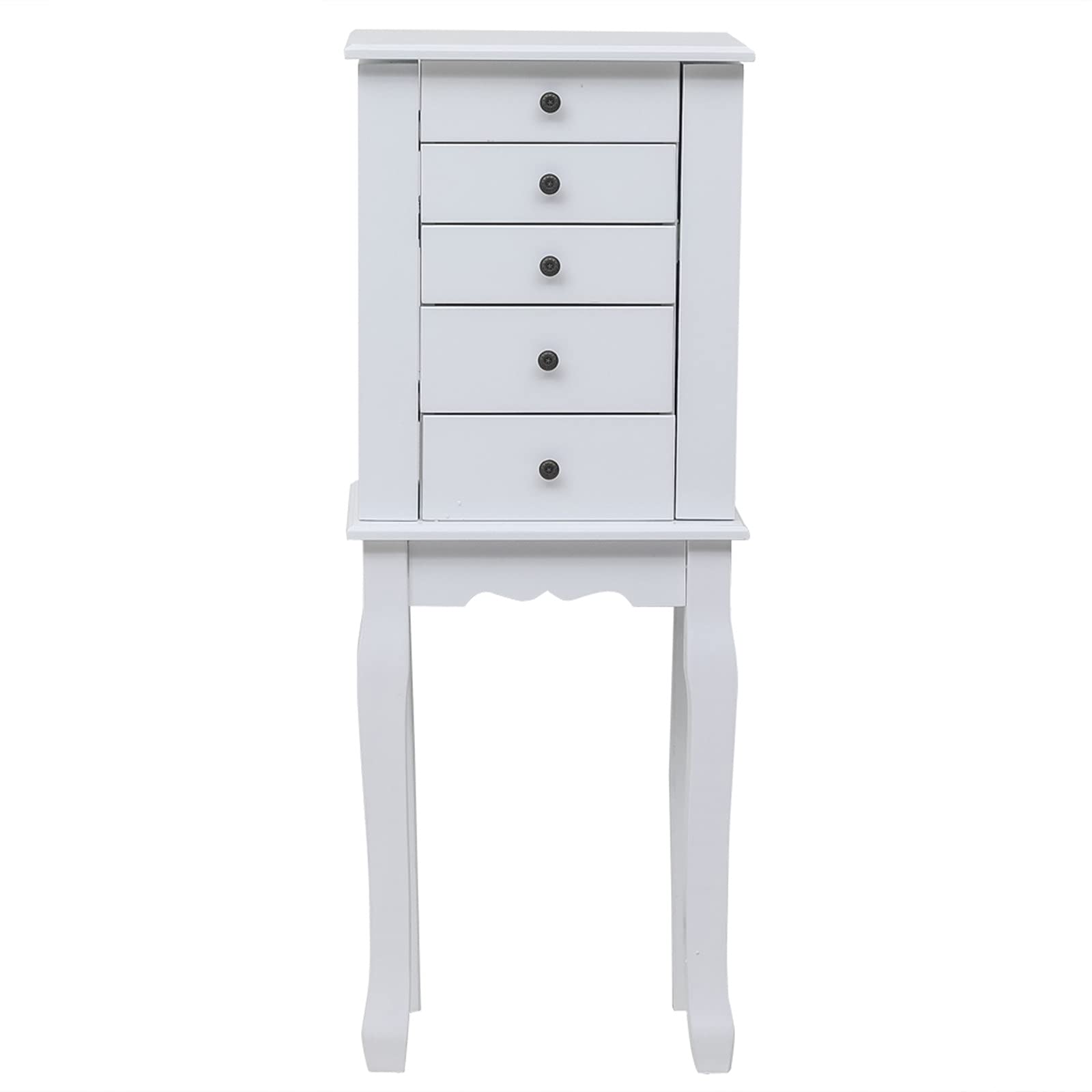 GT4-LY Durable Standing Jewelry Armoire with Mirror - 5 Drawers & 8 Necklace Hooks, Jewelry Storage Cabinet with Top Organizer & 2 Side Swing Doors (White) | Perfect for Bedroom, Closet & Dressing Room Organization
