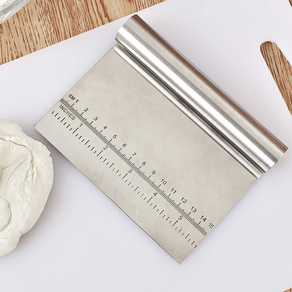 Cozihom 2-Pack Stainless Steel Dough Scraper with Measuring Scale - Multi-Purpose Pastry Cutter, Pizza Dough Divider, Bread Knife for Baking, Cooking & Kitchen Prep