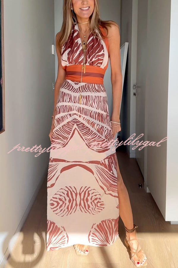 Vacay Bound Linen Blend Unique Botanical Print Halter Maxi Dress - Women's Summer Beach Dress for Vacation, Boho Chic Outfit, Tropical Holiday Wear