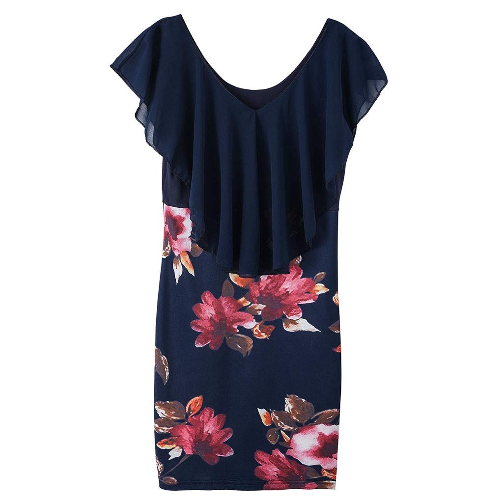 Floral Print Pencil Dress for Women - Ruffle Batwing Cape Bodycon Dress Slim Fit Casual Tight Dress (Navy, XL) | Perfect for Office Wear, Date Night & Special Occasions