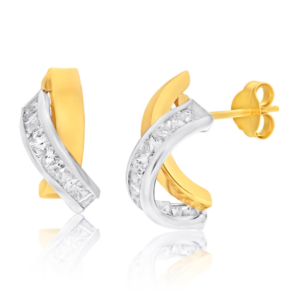 9ct Yellow Gold & White Gold Cubic Zirconia Stud Earrings for Women - Elegant & Hypoallergenic Jewelry Gift for Birthday, Anniversary & Special Occasions