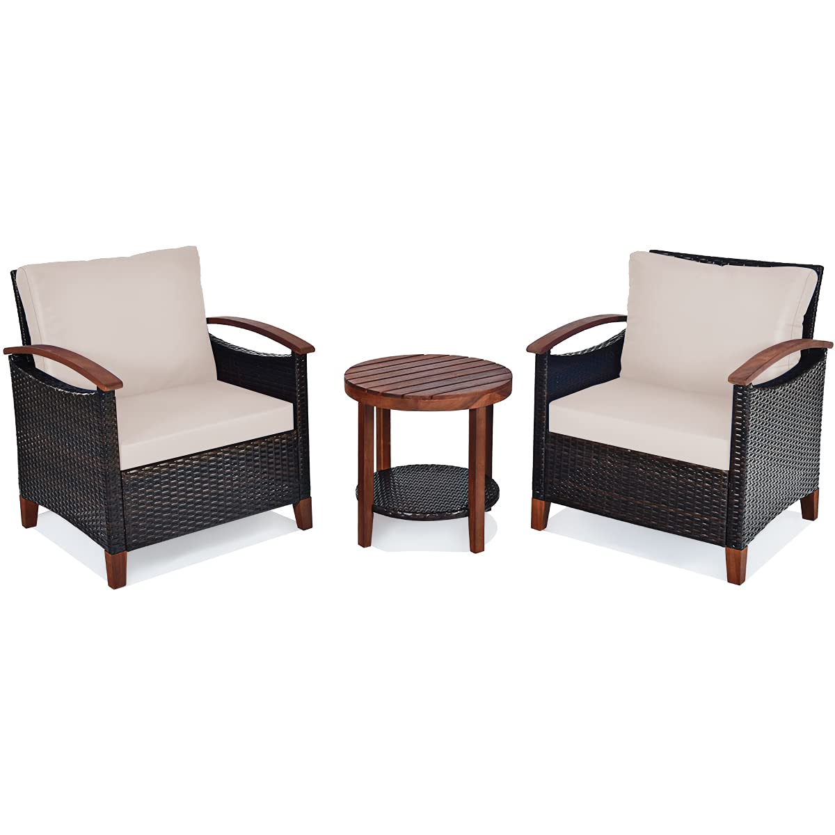 3-Piece Patio Furniture Set - Outdoor Rattan Sofa with Washable Cushions & Acacia Wood Coffee Table - Weather-Resistant Wicker Conversation Set for Garden, Poolside, Balcony or Backyard (Beige) - Perfect for Outdoor Relaxation & Entertaining