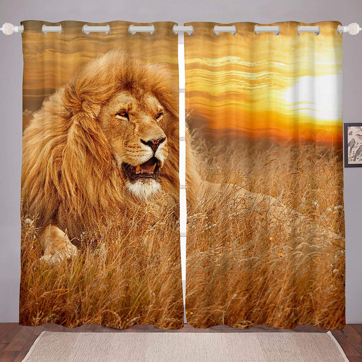 Feelyou 3D Lion Safari Print Curtains - Wild Animal Pattern Window Drapes for Bedroom & Living Room (42x63 Inch, 2 Panels) - Boys & Girls Wildlife Decor, Perfect for Jungle Themed Rooms & Safari Nursery Designs
