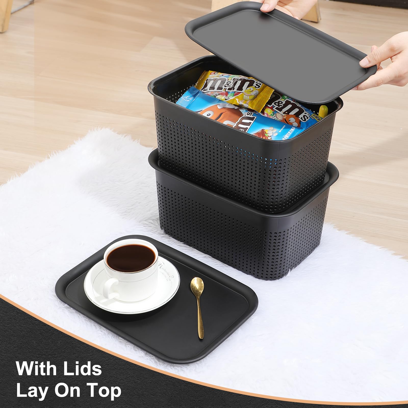 AREYZIN 6-Pack Plastic Storage Baskets with Lids - Organizer Bins for Shelves, Drawers, Desktop, Closet, Playroom, Classroom & Office - Perfect for Home Organization, Kids Toys Storage and Office Supplies (Black)