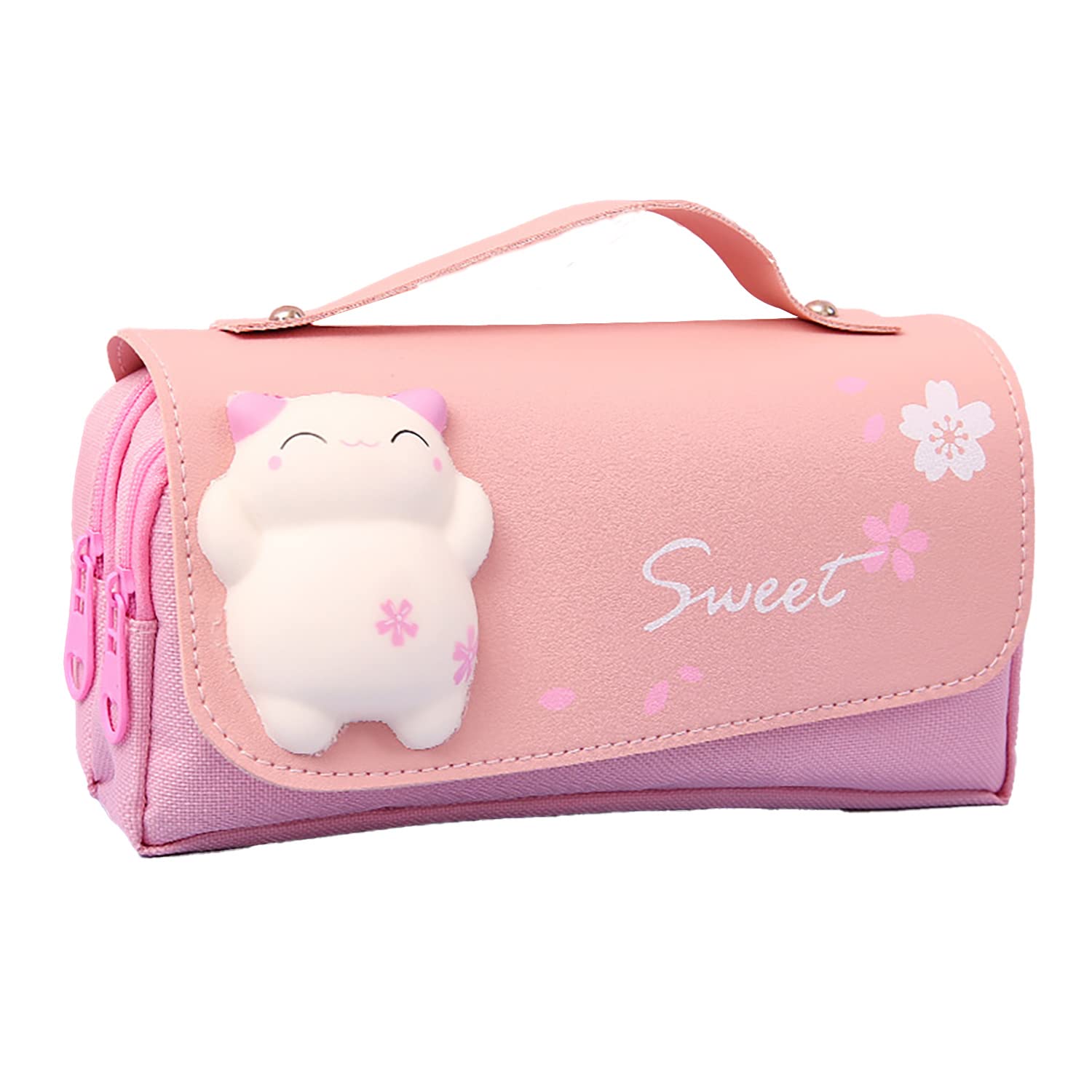 Adorable Squishy Cat Pencil Case - Kawaii Soft Kitty Pen Pouch for School & Office Supplies (Pink, 8.3