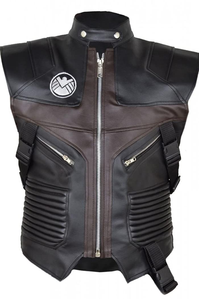 Men's Black Faux Leather Biker Vest - Hawkeye Clint Barton Avengers Style - Perfect for Cosplay, Halloween Costumes & Comic-Con Events