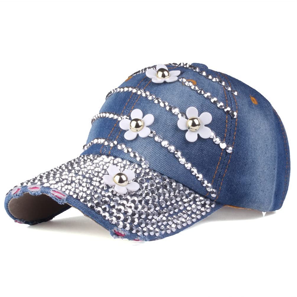 Women's Rhinestone Flower Baseball Cap - Adjustable Denim Sun Hat with Bling Design for Fashion & Outdoor Activities | Perfect for Beach, Shopping, and Summer Outfits