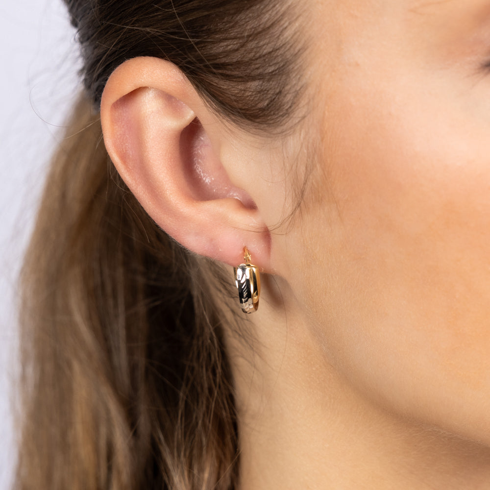9ct Yellow and White Two-Tone Gold Textured Fancy Elongated Hoop Earrings for Women - Elegant Statement Jewelry for Parties, Weddings & Special Occasions