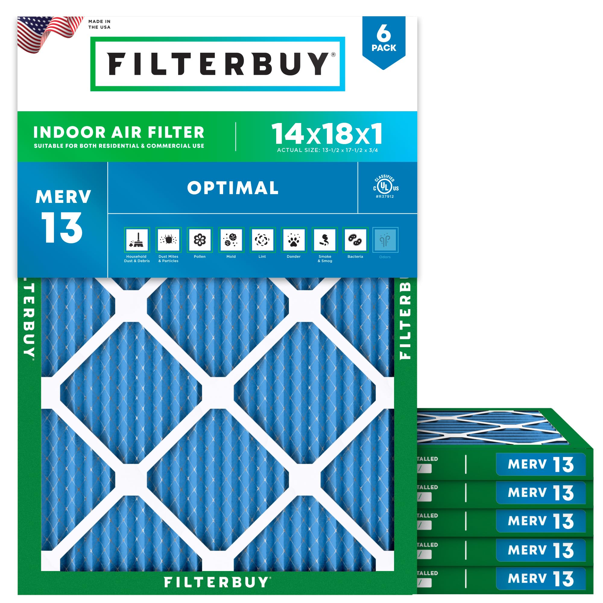 Filterbuy 14x18x1 MERV 13 Pleated Air Filter 6-Pack - High Efficiency HVAC Furnace & AC Replacement (Actual Size 13.5x17.5x0.75 in) - Perfect for Home, Office & Allergy Relief