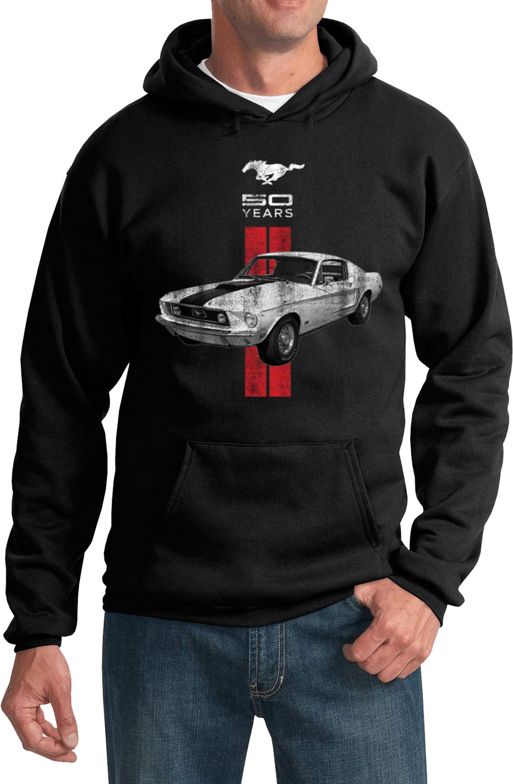 Ford Mustang Hoodie with Red Stripe - 50th Anniversary Edition | Vintage Car Enthusiast Apparel for Men & Women | Perfect for Car Shows, Casual Wear & Gifts