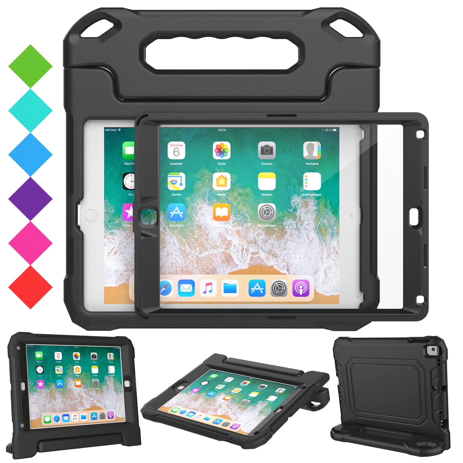 SUPLIK Shockproof Kids iPad Case for iPad 5th/6th Gen (9.7 inch 2017/2018), iPad Air 1/2 & Pro 9.7 - Durable Protective Cover with Handle Stand & Screen Protector (Black) - Perfect for School, Travel & Home Learning