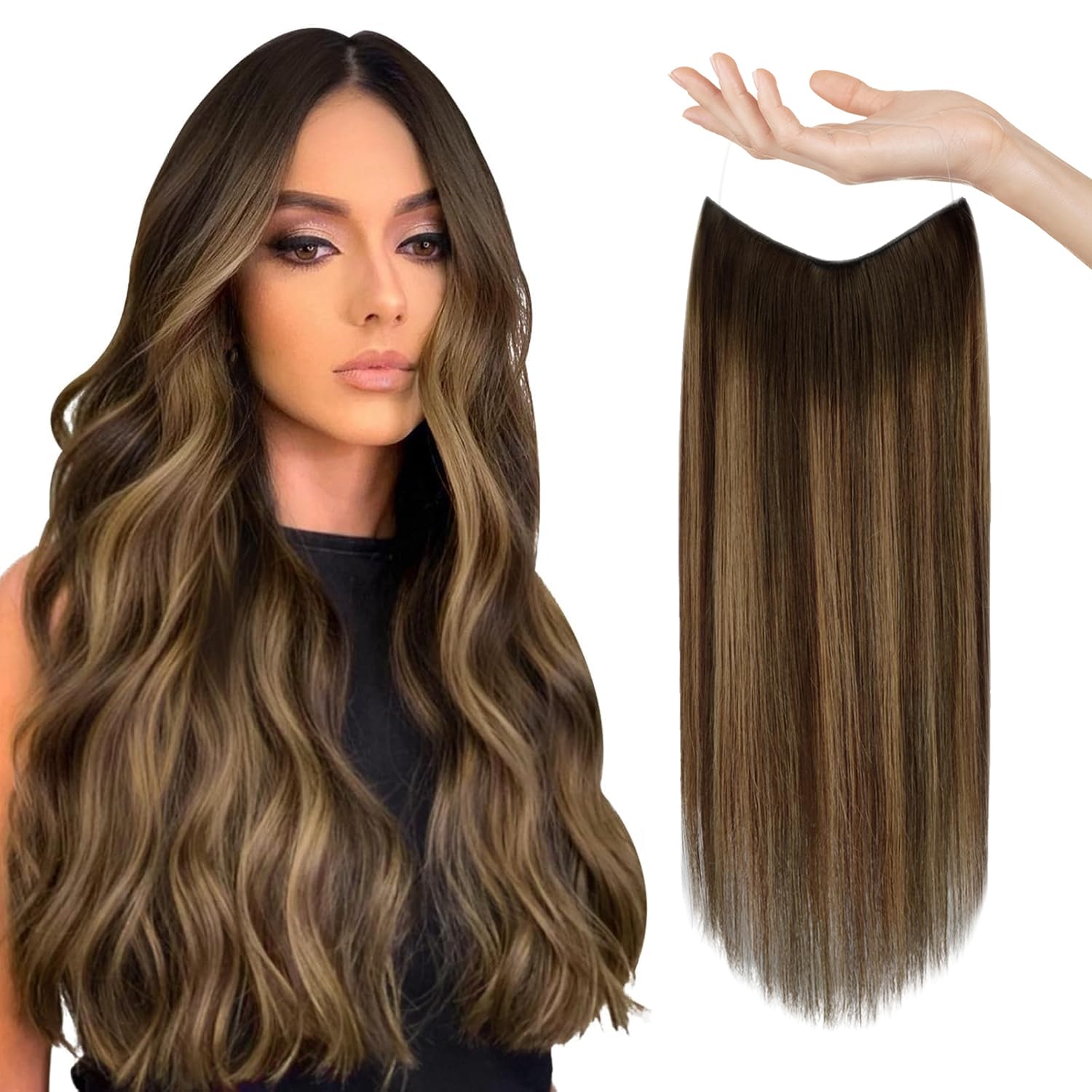 Sunny Wire Hair Extensions 20 Inch - Real Human Hair, Fish Line, Invisible Wire Extensions in Dark Brown to Caramel Blonde with Dark Brown Highlights (#4/27/4) - Perfect for Parties, Weddings & Everyday Styling