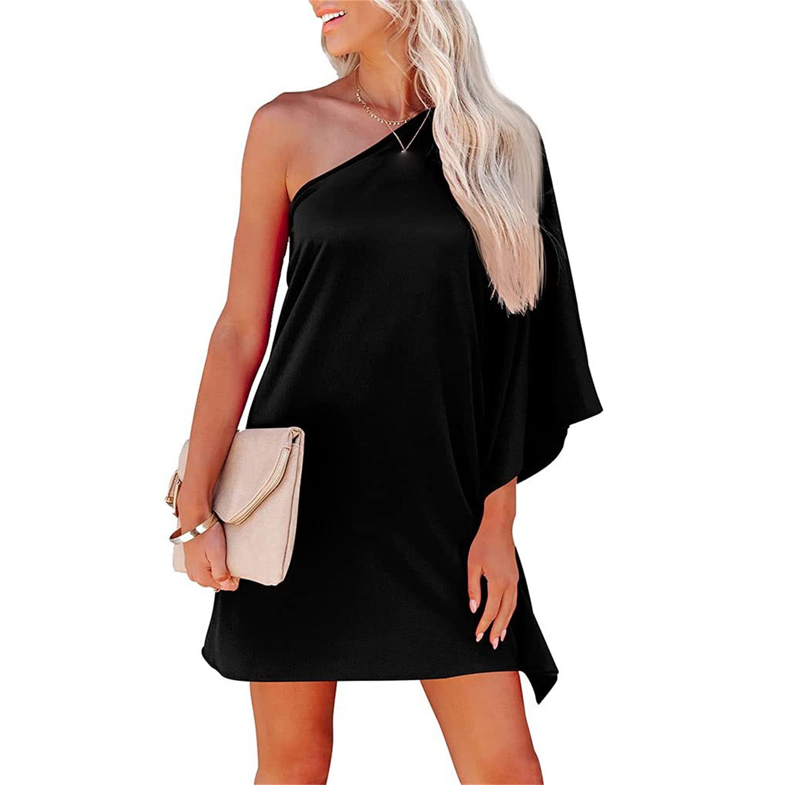 Women's One Shoulder Cape Mini Dress - Casual Loose Batwing Sleeve T-Shirt Dress in Solid Colors | Perfect for Party, Club, Cocktail & Night Out